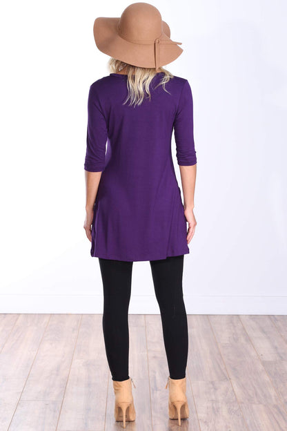 Popana Womens 3/4 Sleeve Tunic Top with Pockets for Leggings Made in USA Medium Eggplant