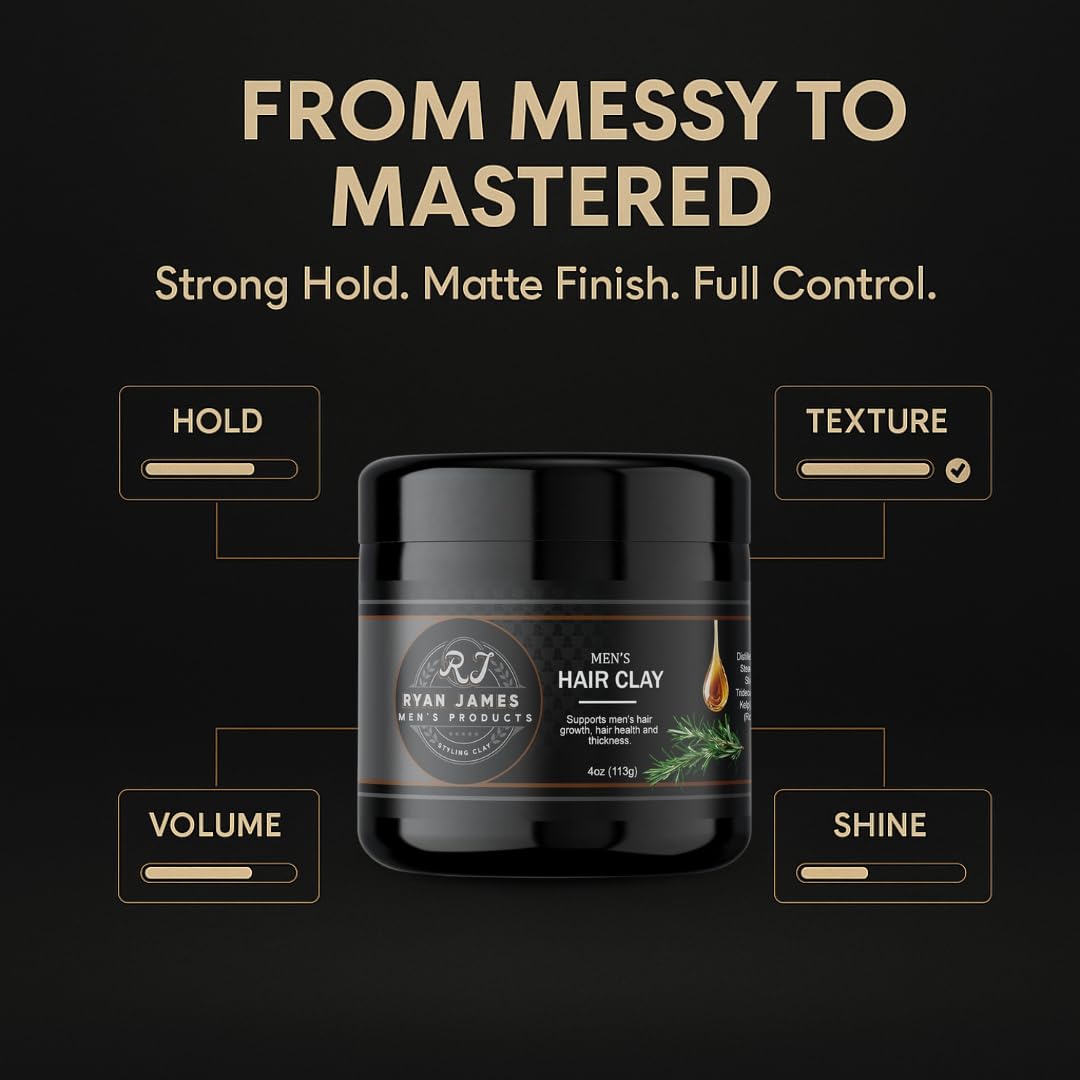 Ryan James Hair Styling Clay for Men – Premium Hair Clay with Natural Finish, Non-Greasy, Fresh Scent – Hair Strengthening & Moldable Styling Clay for Textured, Healthy-Looking Hair Made in USA