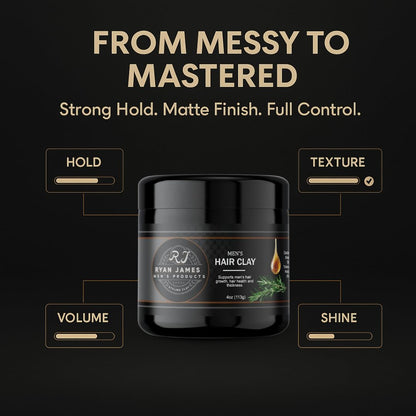 Ryan James Hair Styling Clay for Men – Premium Hair Clay with Natural Finish, Non-Greasy, Fresh Scent – Hair Strengthening & Moldable Styling Clay for Textured, Healthy-Looking Hair Made in USA