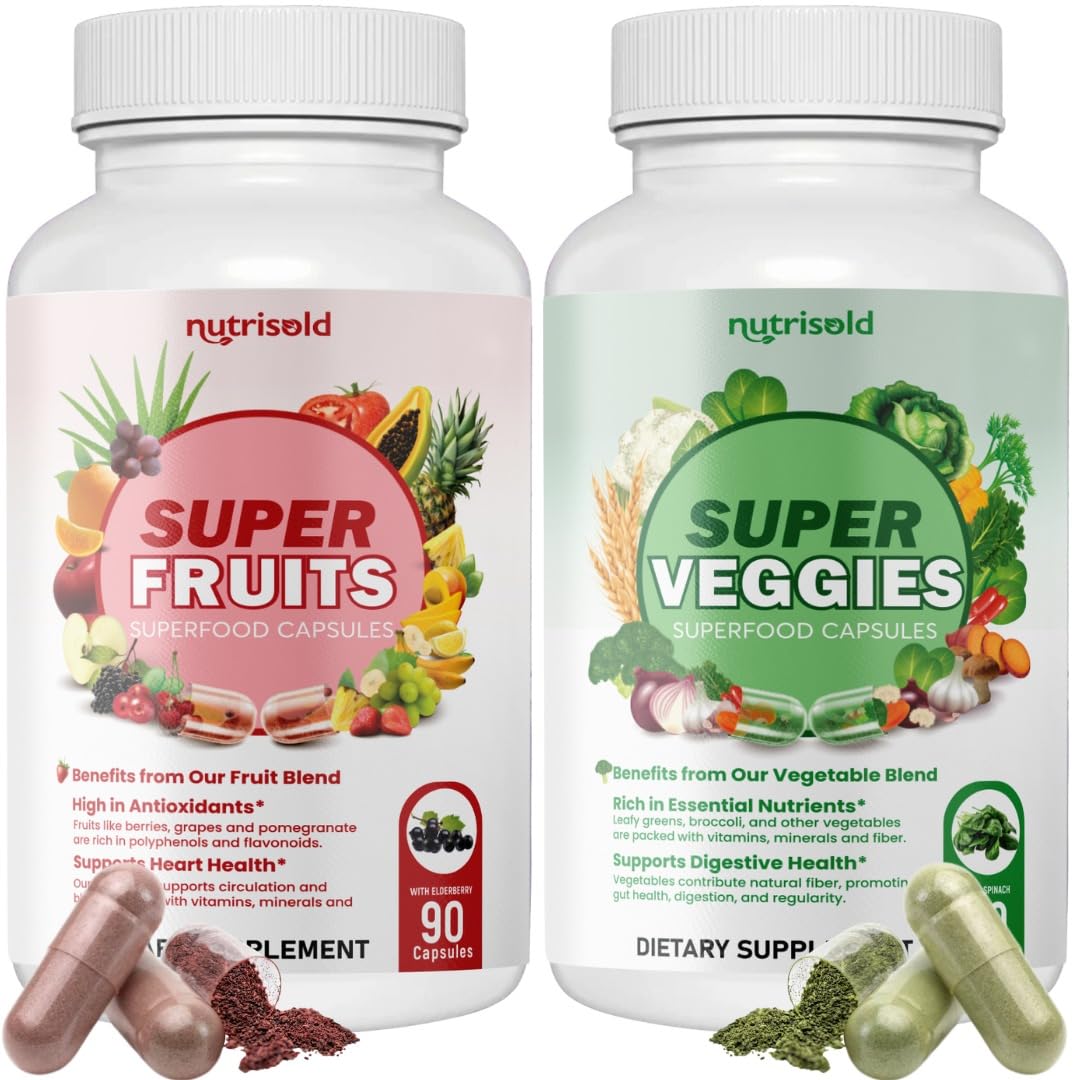 Nutrisold Fruits & Veggies Supplement – Packed with 30+ Whole Food Superfoods – Supports Energy, Immune & Digestion – 180 Capsules – Soy-Free, Non-GMO
