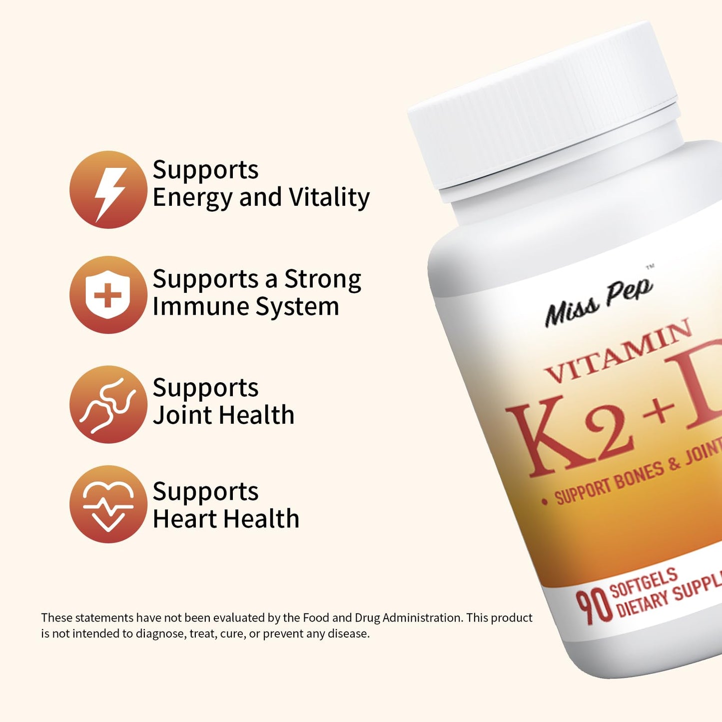 MISS PEP Vitamin D3 K2,5000 Iu D3 and 100 Mcg K2 (Mk-7),with Sunflower Oil Softgels,90 Softgels,2-in-1 Formula,Easy to Absorb and Swallow,Supports Immune Support (1 Bottle)