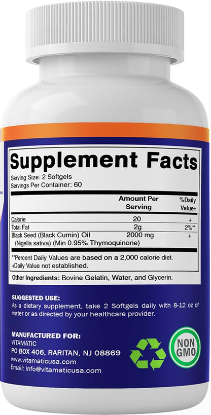 Vitamatic Black Seed Oil Capsules - 2000 mg per Serving - 120 Softgels - Cold Pressed - Contains Min 0.95% Thymoquinone - Supports Healthy Immune Response - Made in The USA