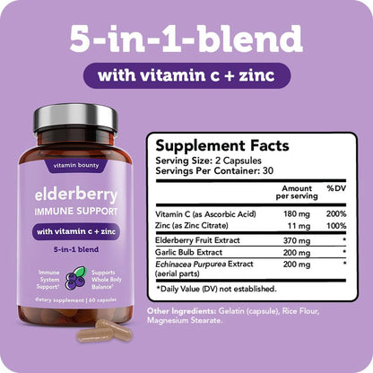 Vitamin Bounty Elderberry Organic Elderberry Capsules for Adults - Vitamin C and Zinc Supplement, & Echinacea, Immune System Support, Advanced 5-in-1 Blend, Non-GMO - 60 Capsules
