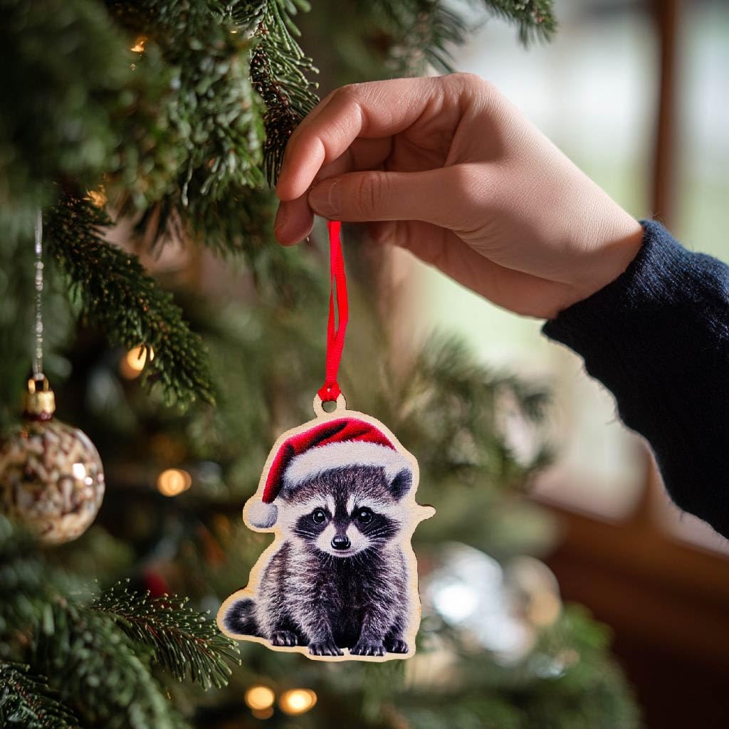 Raccoon with Santa Hat Birch Ornament – Cute Woodland Animal Design – Christmas Tree Decoration – Holiday Decor – Made in The USA