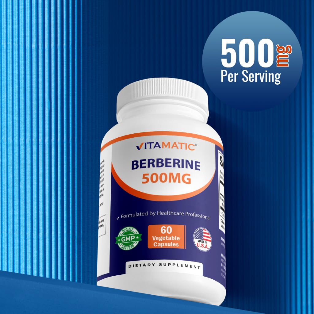 Vitamatic Berberine Supplement 500mg - 60 Vegetable Capsules - Made in The USA - Gluten Free - Non-GMO (1 Bottle)