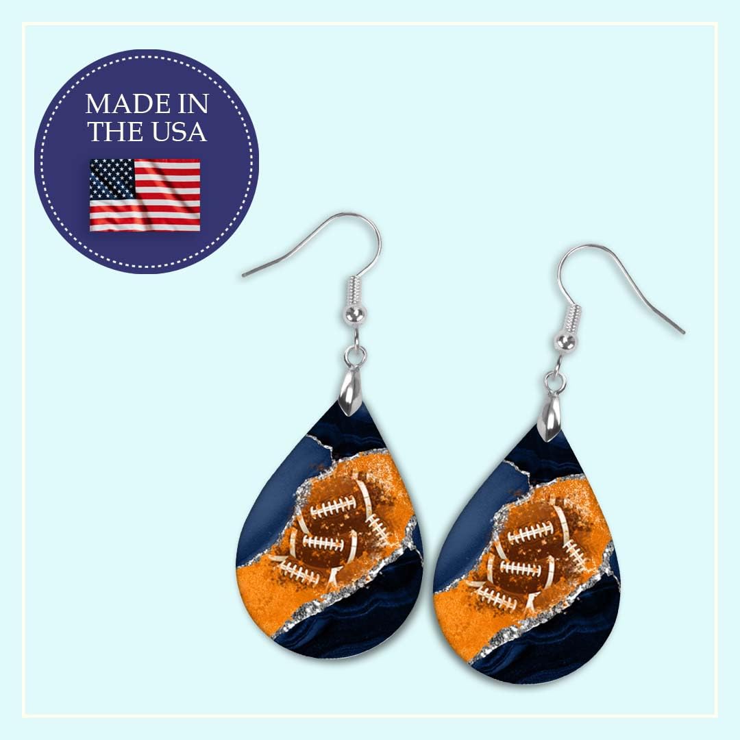 Football Earrings Blue and Orange Dangle Dangling Teardrop MDF Wood Sports School Team Spirit Fan Jewelry for Women Handmade (Navy & Orange)