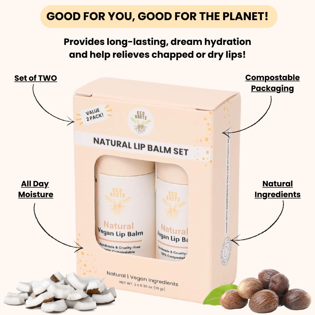 Natural Lip Balm 2 Pack - Organic and Vegan Lip Moisturizer Set - Cruelty-Free and Eco-Friendly - Plastic-Free with Compostable Packaging - Artfully Crafted in the USA