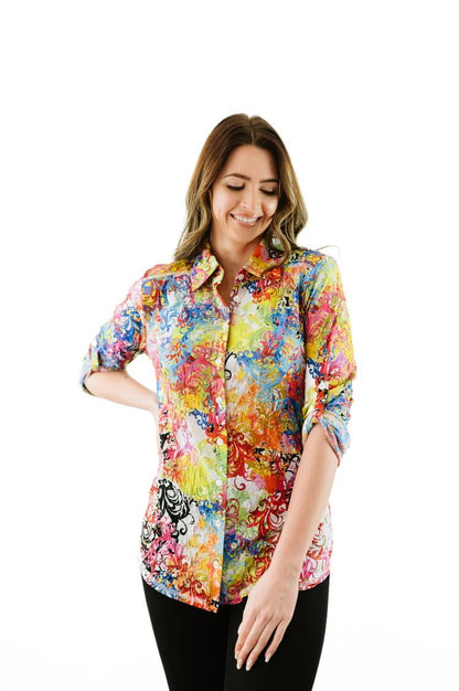 SNO SKINS Spring/Summer Collection Designer Print Crinkle Button-Down Shirt (Antiquity)
