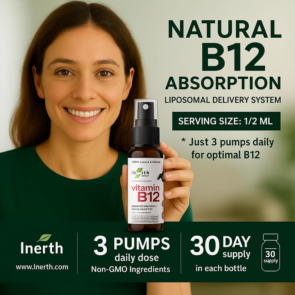InErth Liposomal Vitamin B12 Oral Spray – 1000 mcg Methylcobalamin – High Absorption Sublingual B12 Mist for Energy Support – Vegan, Non-GMO – 1 fl oz