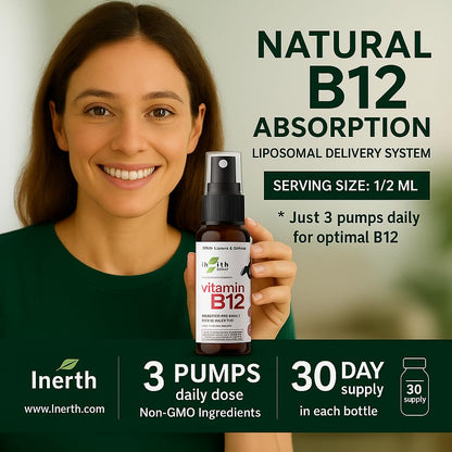 InErth Liposomal Vitamin B12 Oral Spray – 1000 mcg Methylcobalamin – High Absorption Sublingual B12 Mist for Energy Support – Vegan, Non-GMO – 1 fl oz
