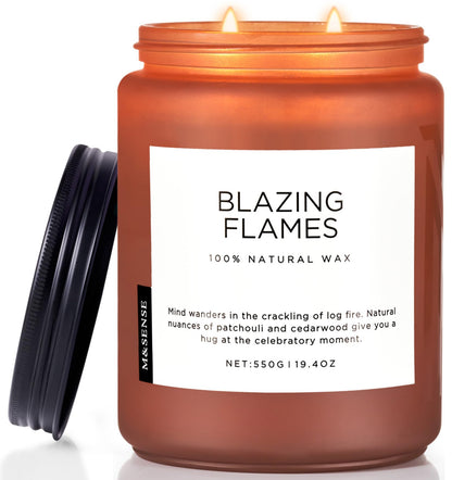 M&SENSE Blazing Flames Scented Candles with Log Fire - Patchouli & Cedarwood, Large Natural Soy 19.4oz 110 Hour Long Lasting Non Toxic Clean Burn Candle Gifts for Men Women