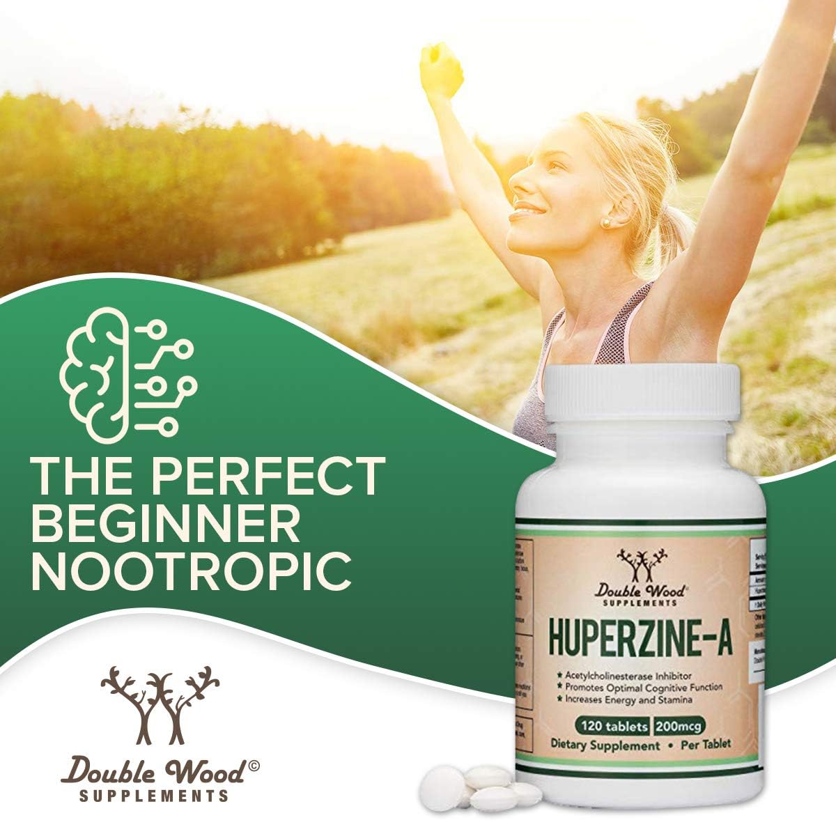 Huperzine A 200mcg (Third Party Tested) 120 Tablets, Brain Supplement to Promote Acetylcholine (Acetylcholinesterase Inhibitor) - Supports Memory and Focus by Double Wood