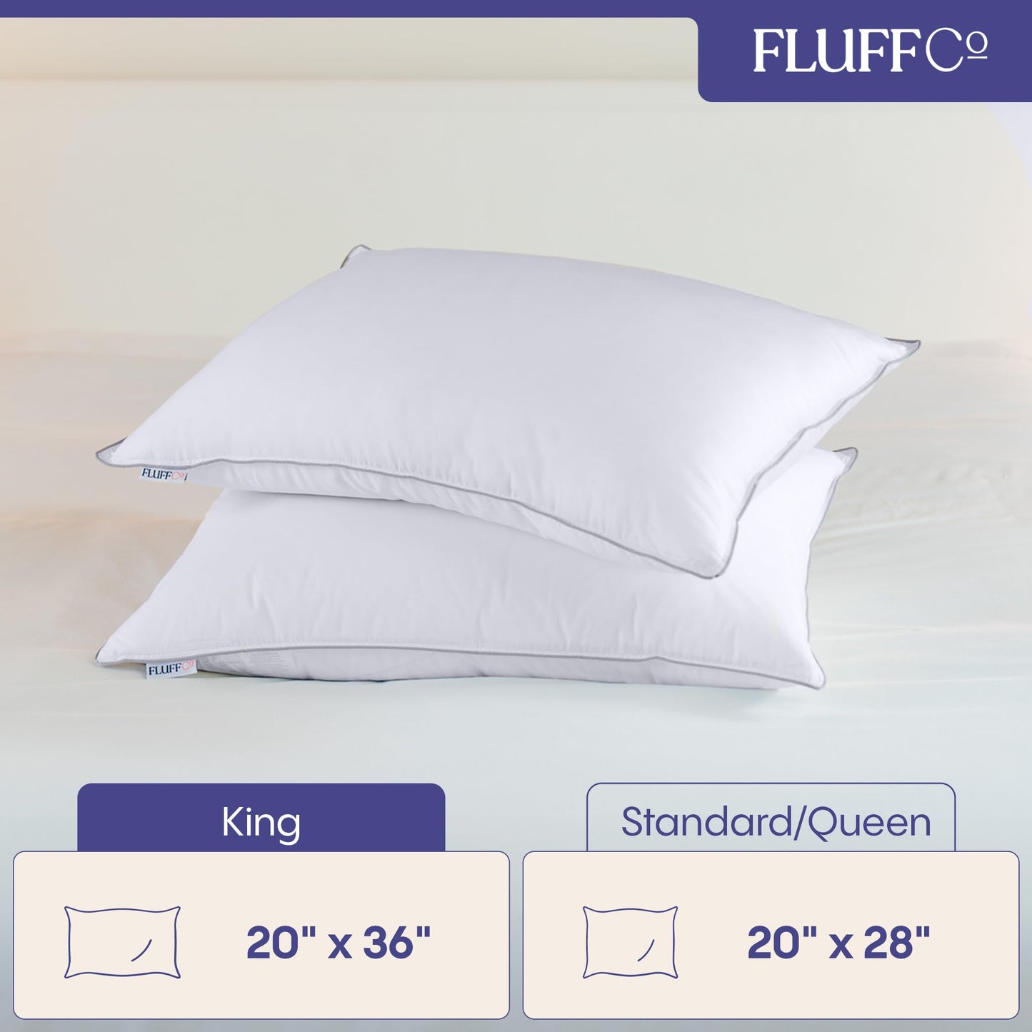 FluffCo Down Alternative Pillows King Size Set of 2 - King Bed Pillows for Sleeping - Made in USA - Cooling Surface and Machine Washable for Side, Back, and Stomach Sleepers
