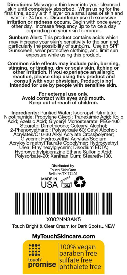 TOUCH Radiance Cream with Niacinamide, Kojic Acid, Tranexamic Acid & Azelaic Acid – Brightening Face Cream for Uneven Skin Tone – 2 oz