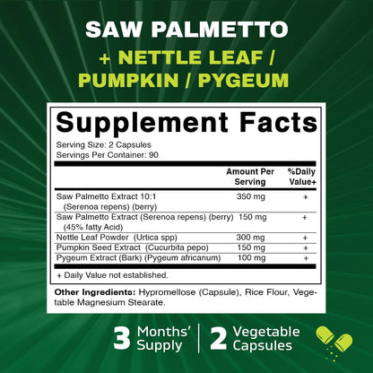 Vitamatic Saw Palmetto Extract for Men & Women 180 Veg Capsules - Made with Pumpkin Seed, Pygeum, Nettle Leaf - Made in The USA - Promotes Healthy Prostate Function