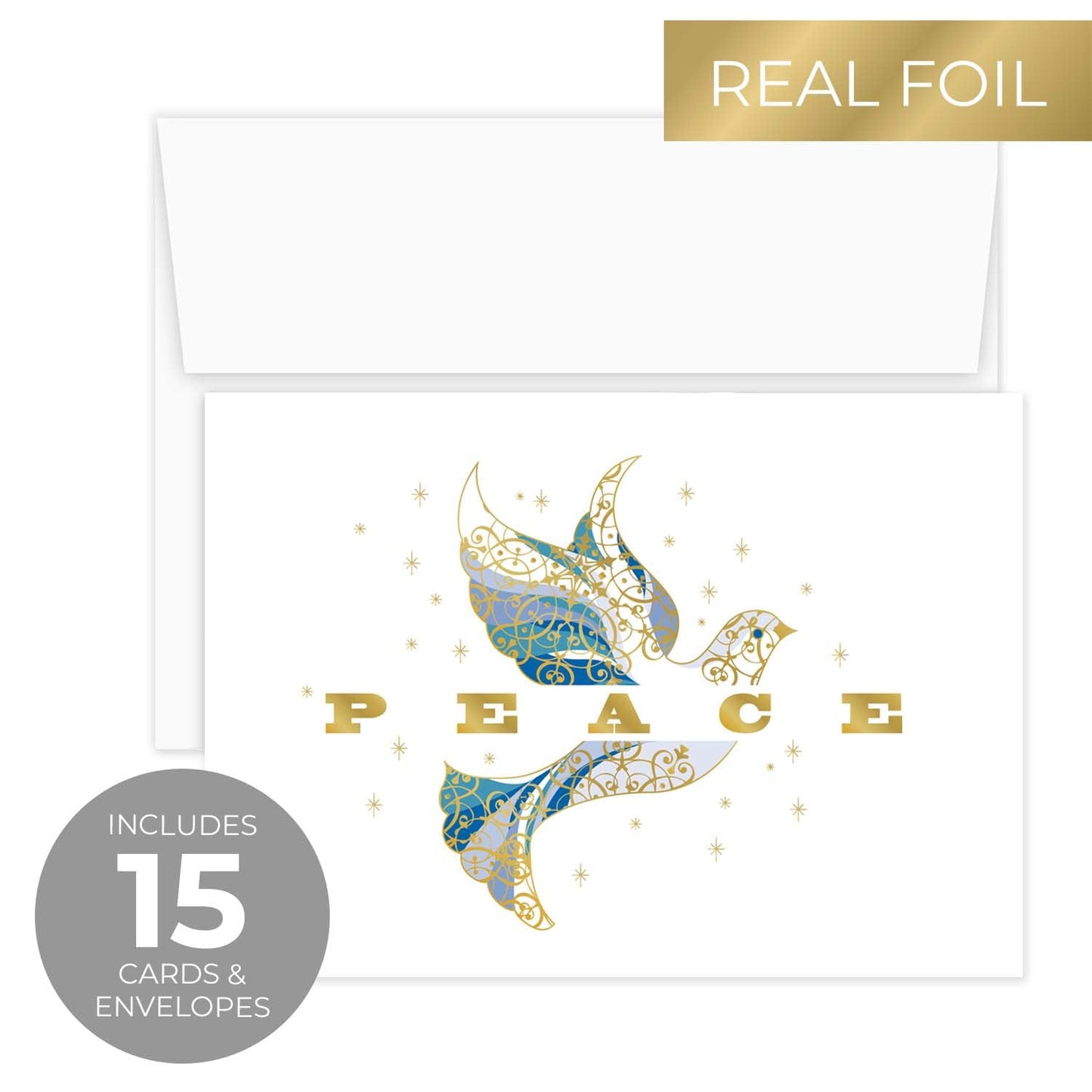 Canopy Street Masterpiece Elegant Dove Christmas Cards / 15 Religious Dove Holiday Cards Set With Gold Foil And White Envelopes / 5 5/8" x 7 7/8" Greeting Cards With Inside Verse