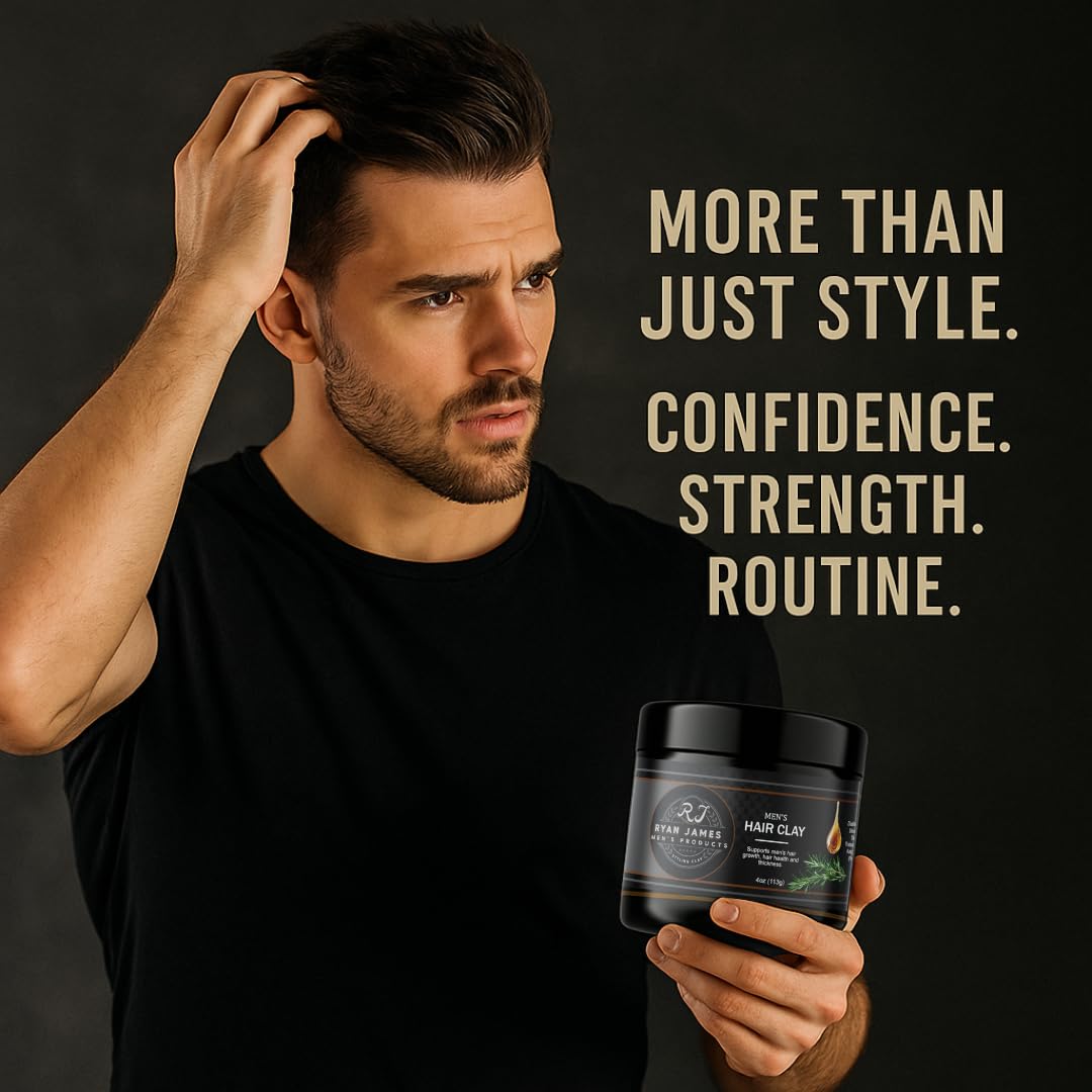 Ryan James Hair Styling Clay for Men – Premium Hair Clay with Natural Finish, Non-Greasy, Fresh Scent – Hair Strengthening & Moldable Styling Clay for Textured, Healthy-Looking Hair Made in USA