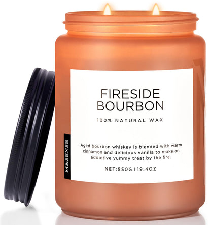 M&SENSE Fireside Bourbon Candles Strong Scented, 2 Wick Jar Candle 19.4oz 110 Hour Long Lasting, Organic Natural Soy Wax Candle for Bedroom Kitchen Home Decor, Warm Housewarming Gifts for Men Women