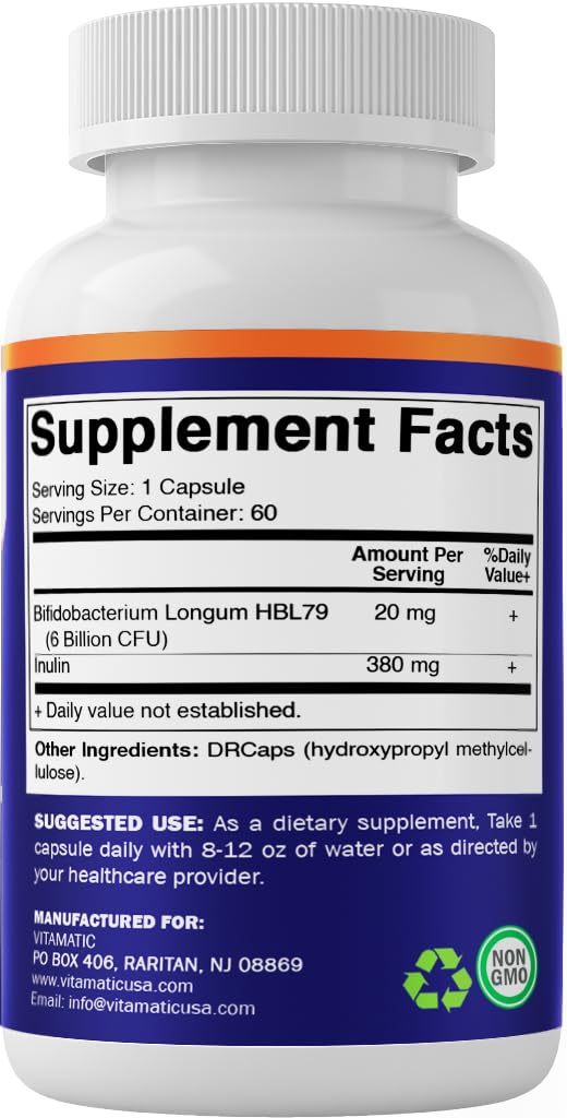 Vitamatic Bifidobacterium Longum 6 Billion CFU per DR Capsule - 60 Count - Promotes Intestinal Health - Made with Prebiotic Inulin Fiber