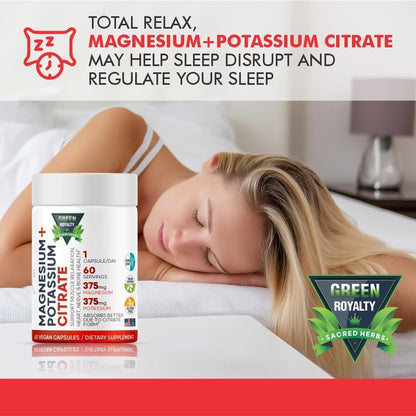 Magnesium Citrate + Potassium 60 Premium Vegan Capsules(Citrate 375 mg) + (375mg Potassium) Non GMO, Gluten Free - High Absorption Supplement Made in USA