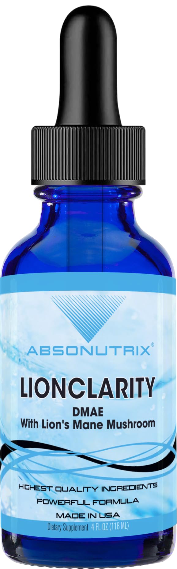 Absonutrix LionClarity Dmae with Lions Mane Mushroom Liquid, 390 mg, 4 FL Oz Liquid, 302 Servings, Made in USA, Plant-Based Ingredients, DMAE, Lion’s Mane, Huperzine A, Green Tea Extract, Non-GMO