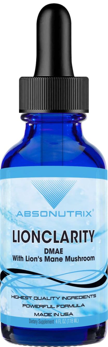 Absonutrix LionClarity Dmae with Lions Mane Mushroom Liquid, 390 mg, 4 FL Oz Liquid, 302 Servings, Made in USA, Plant-Based Ingredients, DMAE, Lion’s Mane, Huperzine A, Green Tea Extract, Non-GMO