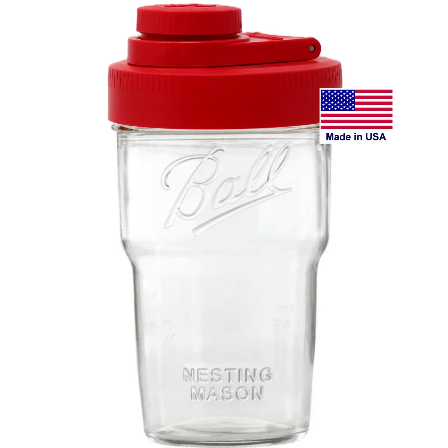 Brewing America Nesting Jar with Drinking Lid as Travel Cup, 1 Pint (16 oz) with Red Pouring Lid on Wide Mouth Ball Nesting Mason Jar, USA-Made To Go Drink Cup, 1-Pack