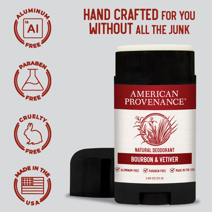 American Provenance Aluminum Free Natural Deodorant For Women and Men - Bourbon and Vetiver - 24 Hour Protection - Cruelty Free - Made in the USA (1 pack)
