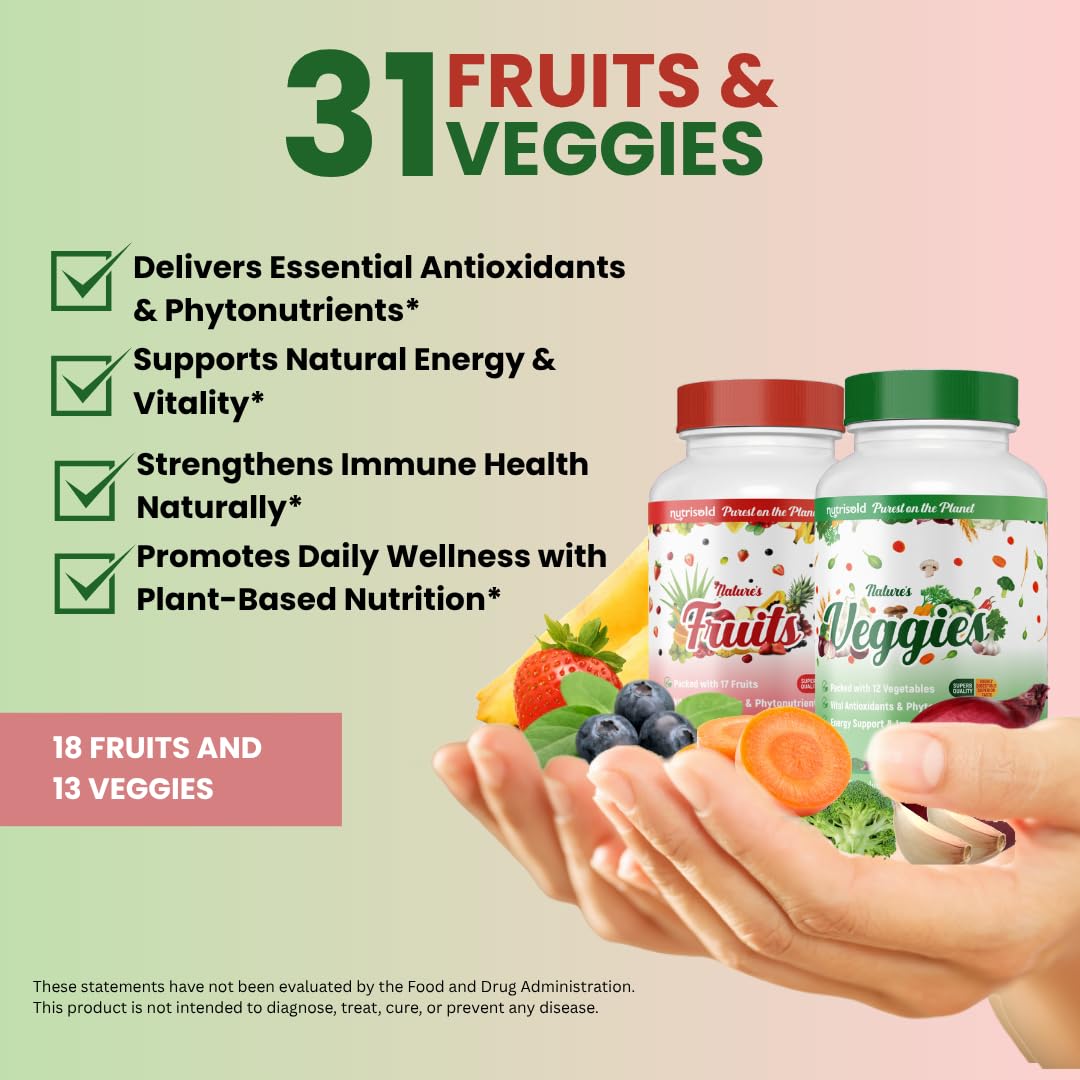 Nutrisold Whole Food Fruits & Vegetables Supplement – Superfood Blend for Energy, Digestion & Immune Support – 90 Fruit & 90 Veggie Capsules – Made in USA