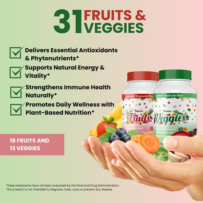 Nutrisold Whole Food Fruits & Vegetables Supplement – Superfood Blend for Energy, Digestion & Immune Support – 90 Fruit & 90 Veggie Capsules – Made in USA