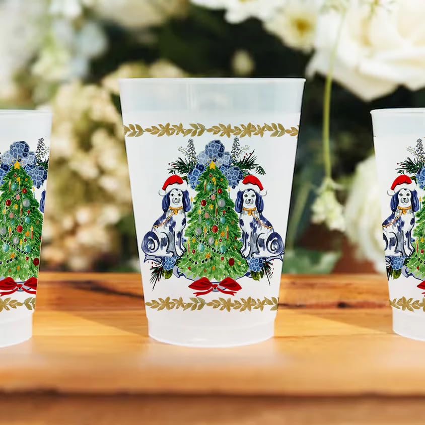 Marye-Kelley Staffordshire Dogs with Santa Hats and Christmas Tree Shatterproof 20 Oz Frosted Cups - Set of 6 Cups - BPA Free - Made in the USA Dishwasher Safe