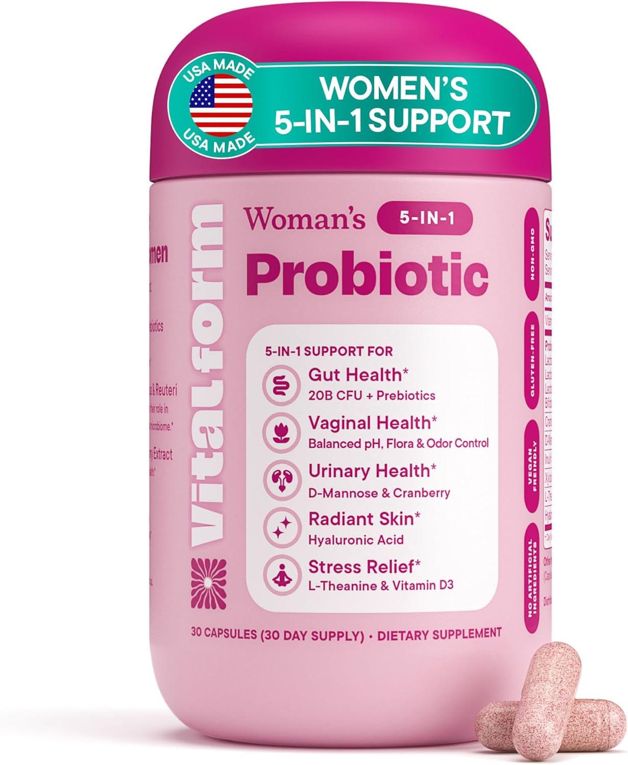 VitalForm Women’s Probiotic with 20B CFU – 5-in-1 Vaginal, Gut, Urinary, Skin & Mood Support – D-Mannose, Cranberry, Hyaluronic Acid, L-Theanine, Vitamin D – Vegan, Non-GMO – 30 Capsules