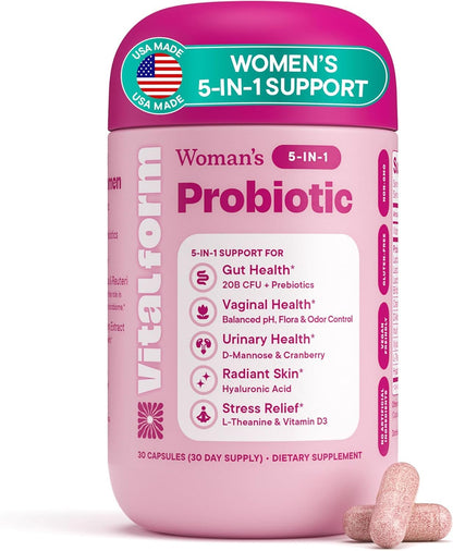 VitalForm Women’s Probiotic with 20B CFU – 5-in-1 Vaginal, Gut, Urinary, Skin & Mood Support – D-Mannose, Cranberry, Hyaluronic Acid, L-Theanine, Vitamin D – Vegan, Non-GMO – 30 Capsules