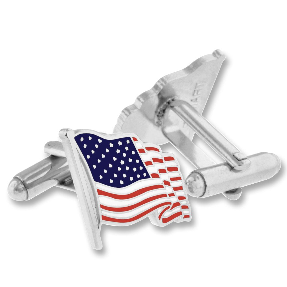 PinMart's Silver Made in the USA American Flag Enamel Lapel Pin & Cufflink Patriotic 2 Pc Bundle set