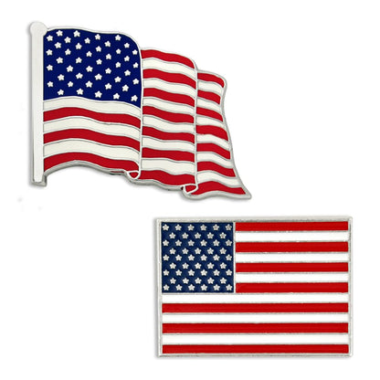 PinMart's 2 Pack Made in the USA American Flag Enamel Lapel Pins - Nickel Plated