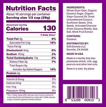 gr8nola BLACK COCO (CHARCOAL) CHIA - Healthy, Low Sugar, Vegan Granola Cereal - Made with Superfoods Chia Seeds and Activated Charcoal, Soy Free, Dairy Free and No Refined Sugar - 10oz Resealable Bag