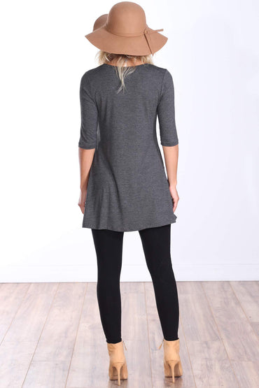 Popana Womens 3/4 Sleeve Tunic Top With Pockets for Leggings Made In USA Charcoal