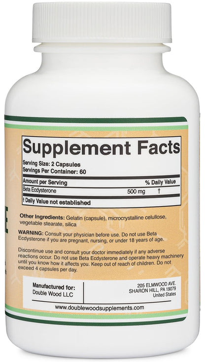 Beta Ecdysterone Supplement - 500mg Per Serving (120 Capsules, 60 Servings) Powerful Plant Anabolic to Support Men's Health (Non-GMO and Gluten Free) by Double Wood