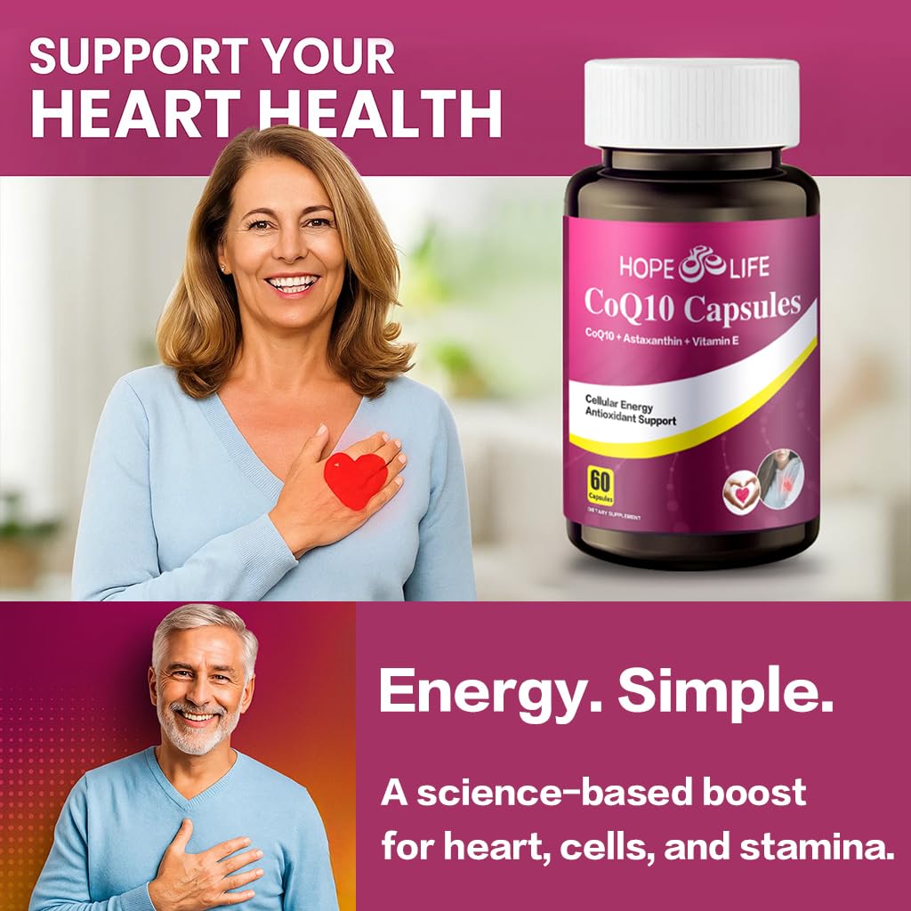 HOPE LIFE Coenzyme Q10 Supplements - 2X Better Absorption, Cellular Energy Support with Astaxanthin and Vitamin E, Antioxidant for Heart Health & Energy Production, 1 Month Supply, 60 Capsules