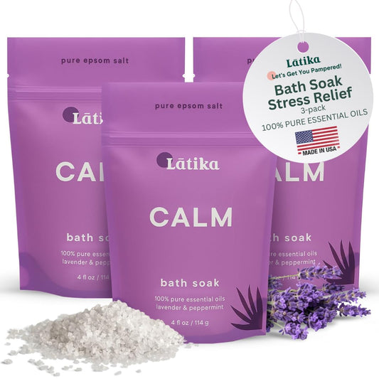 Latika Soaks Set of 3 - Calm Bath Soaks with Lavender & Peppermint, Moisturizing Epsom Salt Soak for Stress Relief, Relaxation, and Skin Nourishment, at-Home Spa Retreat Gift
