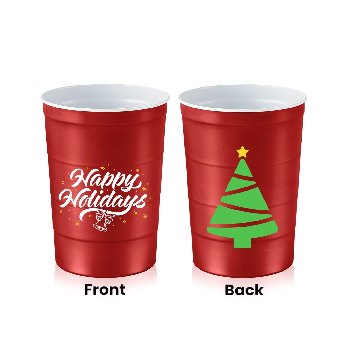 Steel Chill Cups 16 oz. Party Cups 'Happy Holidays' Christmas Tree Design for Cold Drinks, Durable, Disposable, Recyclable, Made in USA, Red, 12 Count