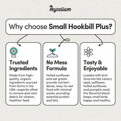 Mycelium Organic Small Hookbill Plus Feed (5 LBS) | High-Protein Bird Food for Parrotlets, Lovebirds, Cockatiels & Conures | Brain & Heart Support | Omega-Rich, Vitamin-Fortified | Non-GMO, USA Made