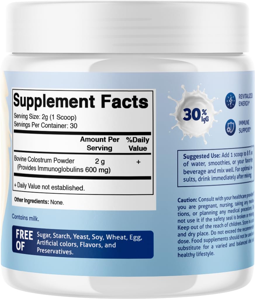 Vitamatic Bovine Colostrum Powder - Supplement for Gut Health, Hair Growth, Beauty, Muscle Recovery, & Immune Support - Easy to Mix - 30 Servings (Unflavored) (30 Servings, Unflavored)