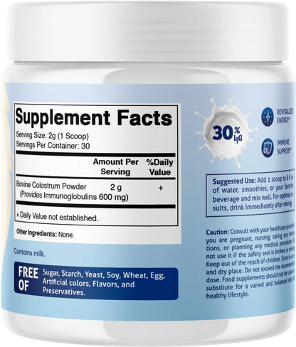 Vitamatic Bovine Colostrum Powder - Supplement for Gut Health, Hair Growth, Beauty, Muscle Recovery, & Immune Support - Easy to Mix - 30 Servings (Unflavored) (30 Servings, Unflavored)