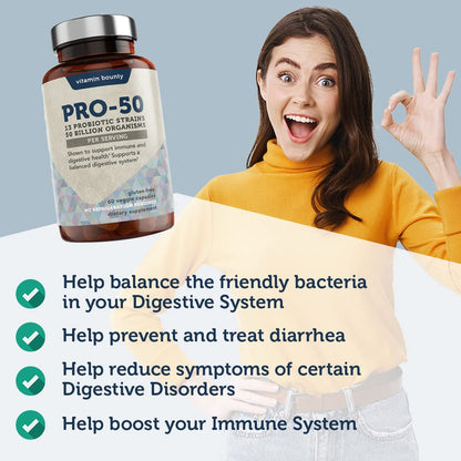 Vitamin Bounty Pro-50 Probiotics 50 Billion CFU for Women & Men - 13 Multi Strain Probiotic + Prebiotic - Digestive Health Supplements for Gut Health Support - Delayed Release Capsules for Men & Women