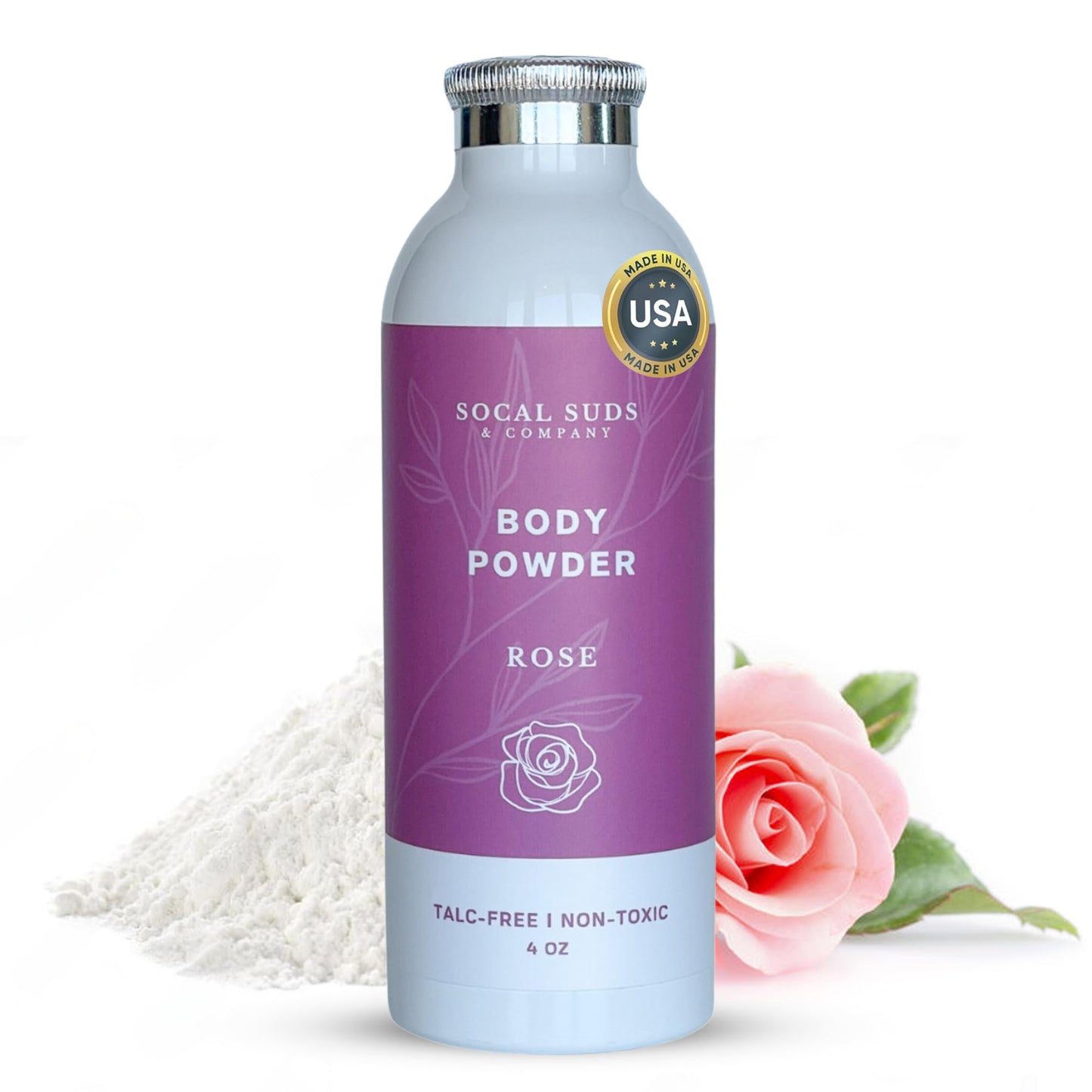 SoCal Suds & Company - Natural Body Powder Talc-Free with Arrowroot Powder, Kaolin, Aspen Bark Extract for Soft Soothing Delicate Skin - Rose 4oz, 1-Pack