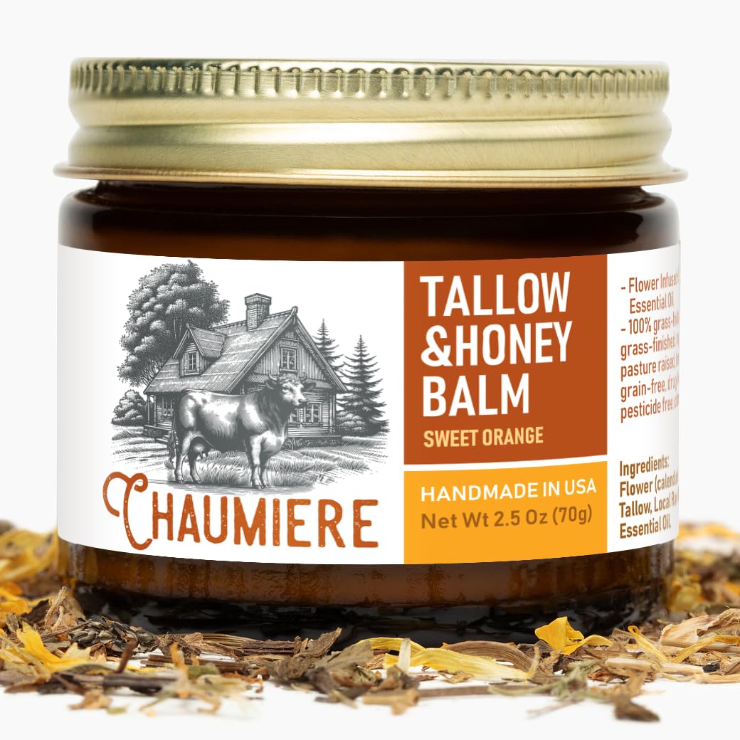 Chaumiere Organic Grass-Fed Beef Tallow and Honey balm, Face Moisturizer, Sweet Orange, 2.5 oz
