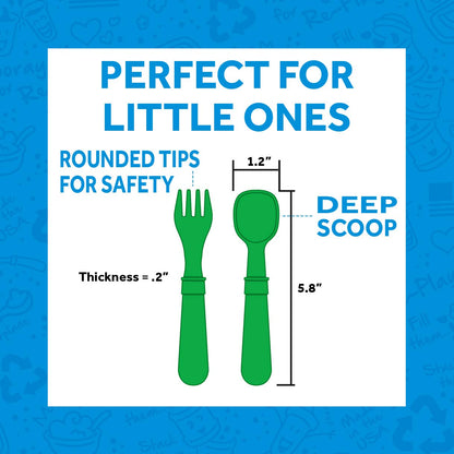 Re-Play Toddler Forks and Spoons Set - 4x4 Toddler Utensils Set - Dishwasher and Microwave Safe - Made in USA - Set of 8-5.8" x 1.2" x 0.2" - Aqua Asst