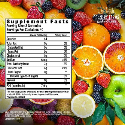 Country Farms Fiber Care Prebiotic Gummies, 6g of Fiber Per Serving, GLP-1 Booster, FOS from Beets, Digestive Health, Supports Regularity, Mixed Fruit Flavor, 120 Gummies, 40 Servings