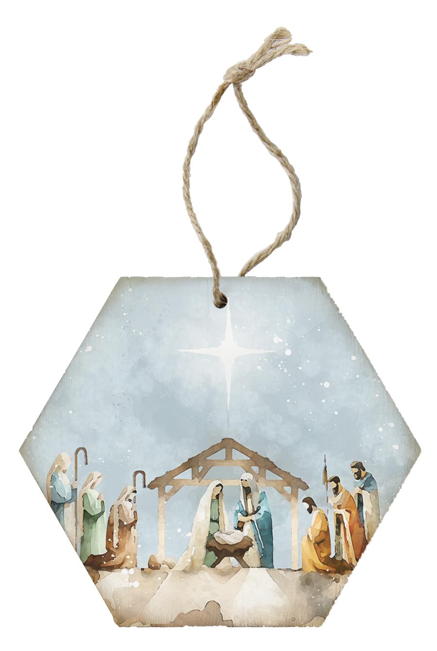 Simply Said, INC Honeycomb Wood Christmas Ornament, Watercolor Nativity Scene, Rustic Christmas Ornament, Made in USA, ORH1766
